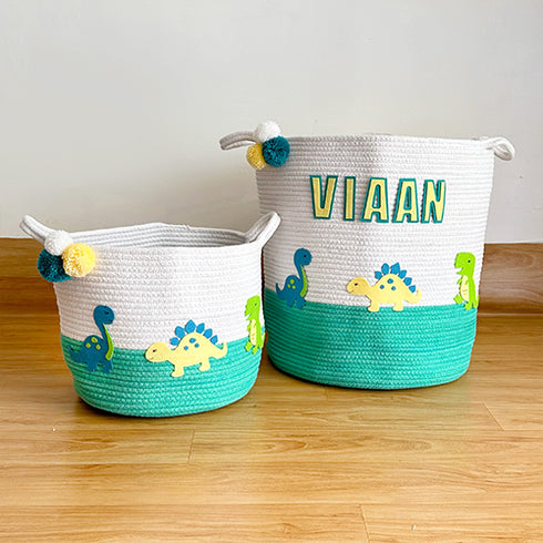 Dinosaur Adventures - Green Rope Personalised Storage Basket